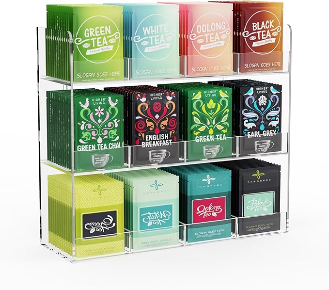 Acrylic Tea Bag Organizer, 3 Layers Tea Bag Holder for Tea Packets, No Assembly Required, Wall Mount Display Tea Caddy for Countertop or Cabinet, 12 Slots