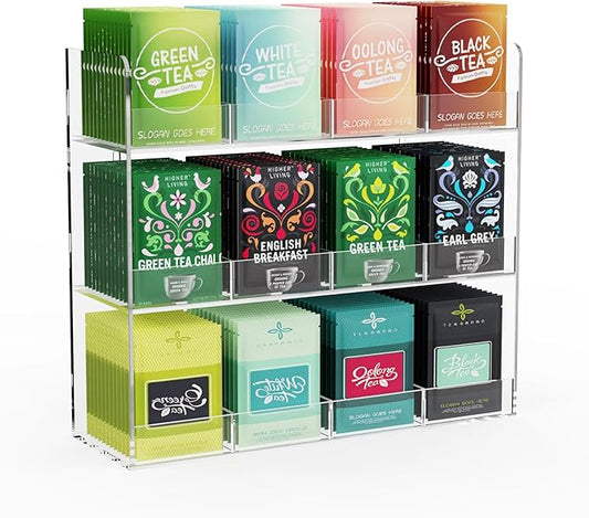 Acrylic Tea Bag Organizer, 3 Layers Tea Bag Holder for Tea Packets, No Assembly Required, Wall Mount Display Tea Caddy for Countertop or Cabinet, 12 Slots