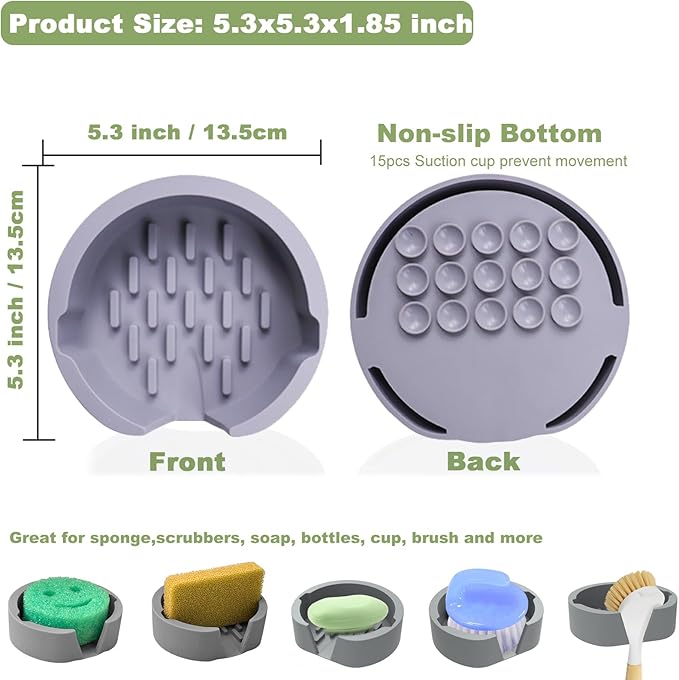 Sponge Holder for Scrub Daddy with Suction Cups and Drain Spout Kitchen Sink Caddy Organizer, Large Soap Dishes Accessories Rack, Dishwasher Safe - 5.3"x5.3", Grey