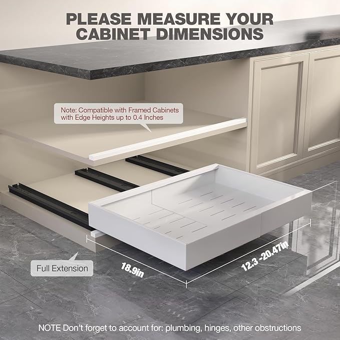 2 Pack Pull Out Cabinet Organizer 19" Deep,Full Extension 3 Slide Rails Slide Out Drawers With Raising Pad for Framed Cabinets,Expandable Width (12.3"-20.5"),No Drill Roll Out shelf,White