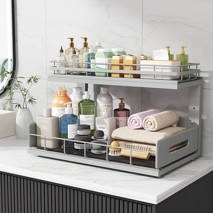 1 Pack 18 IN Depth Under Sink Organizer with Smooth Ball Bearing Slides,2-Tier Pull Out Cabinet Storage,Slide Out Drawers for Bathroom&Kitchen,Rust-resistant Coating,Height Adjustable-Gun Gray