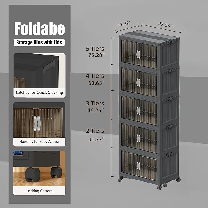 ONAIL Stackable Storage Bins,164GAL Foldable Cabinet Storage Bins with Lid and Door, Collapsible Plastic Closet Organizers, Folding Multi-Use Containers for Home, Pantry, Office (L, Gray 5-Tier)