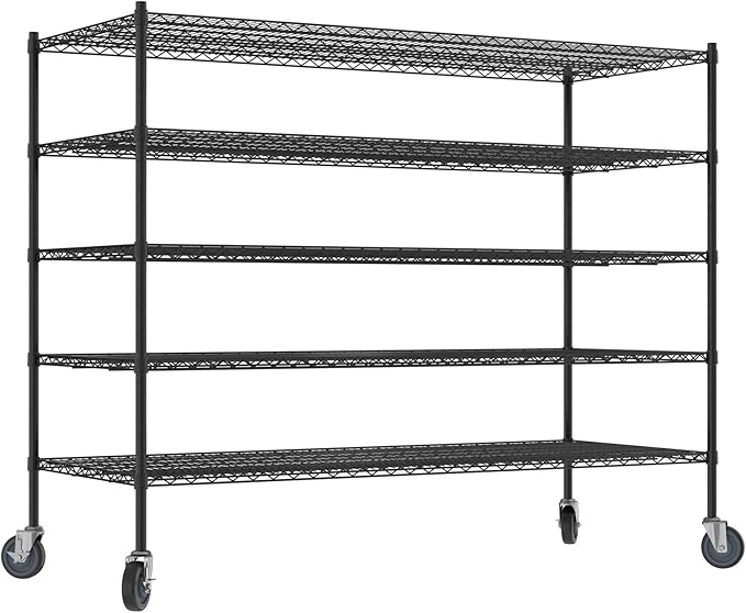 Commercial NSF Listed Black Epoxy Mobile Wire Shelving Kit 30" x 72" x 60", with 5 Shelves Perfect for Warehouse, Walk-in Refrigerator, Freezer, Grocery Store, Restaurant, Dishroom