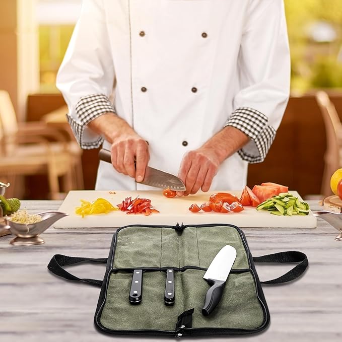 Tosnail Chef Knife Roll Bag with 4 Slots, Heavy Duty Waxed Canvas Knife Bag with Handle, Kitchen Knife Storage, Portable Knife Carrying Case
