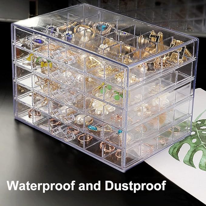 Earring Storage Box Acrylic Jewelry Storage Holder Ring Clear Plastic Transparent Jewelry Display Stand with 5 Drawers 120 Small Compartment Tray for Women Girls