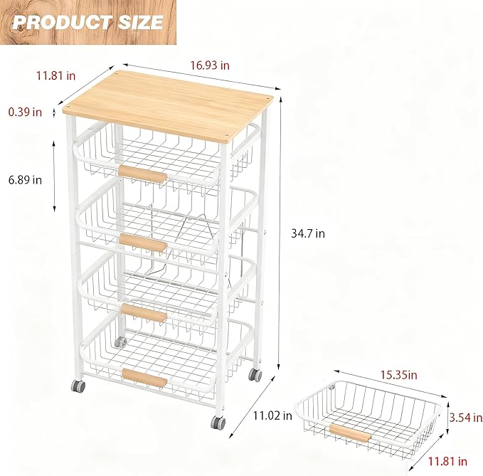 5-Tier Rolling Pantry Floor Storage Cart with Wheels&Wood Top, Large Capacity Kitchen Organization Fruit Wire Basket Stand for Pantry, Bathroom, Living Room,White