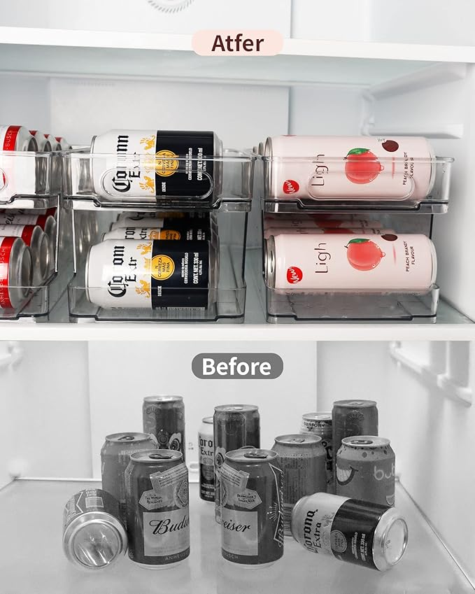 8 Pack Rolling Soda Can Dispenser for Refrigerator with 1 Pack Ice Ball Maker, Pantry Organization and Storage 2-Layer Beverage Holder for Fridge, Clear