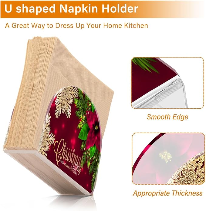 Christmas Poinsettia Flower Napkin Holder for Table Paper Napkins Holder Acrylic Tissue Dispenser Kitchen Dining Room Bathroom Party Car Decor