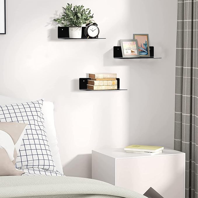 luium 9 Inch Acrylic Floating Shelf No Drill Adhesive Wall Shelf Set of 2 for Funko Pop Storage, Floating Shelves Damage-Free Expand Wall Space for Living Room, Bathroom, Gaming Room, Office - Black