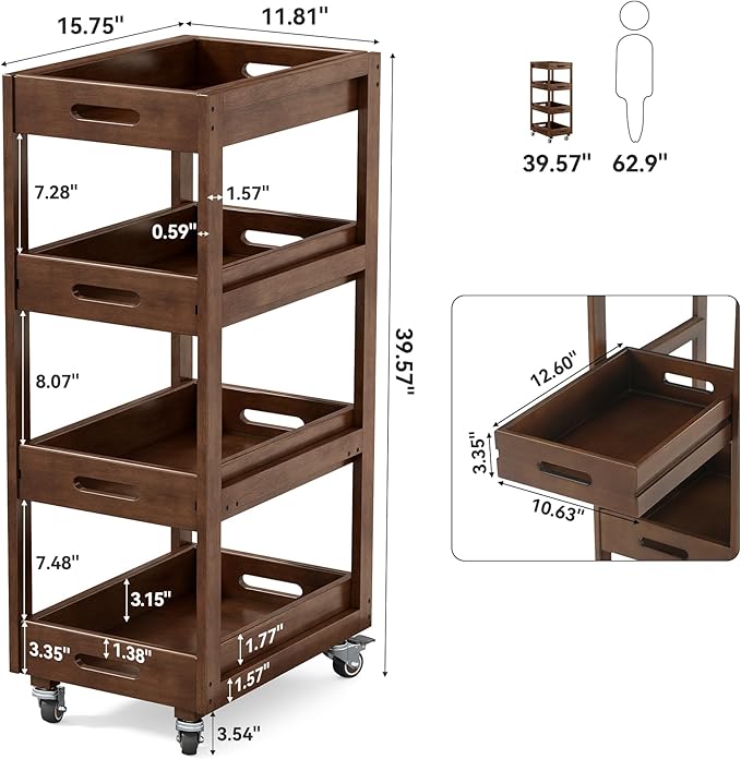 Solid Wood Storage Cart Set of 2, 4-Tier Slim Kitchen Rolling Cart with Wheels, Narrow Mobile Utility Organizer Shelving Unit for Small Space, Living Room, Dining Room, Laundry, Walnut