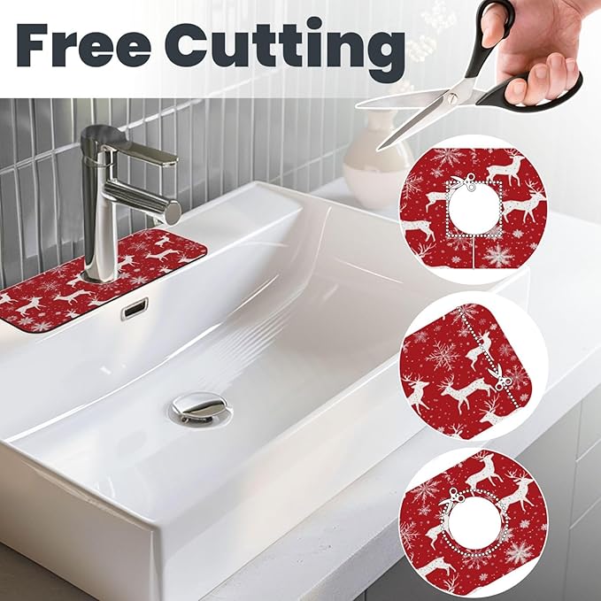 Sink Faucet Mat Deer Snowflakes Kitchen Splash Guard Absorbent Bathroom Sink Mat Around Faucet 15" x 5.5" Drying Mats Stone Draining Mat