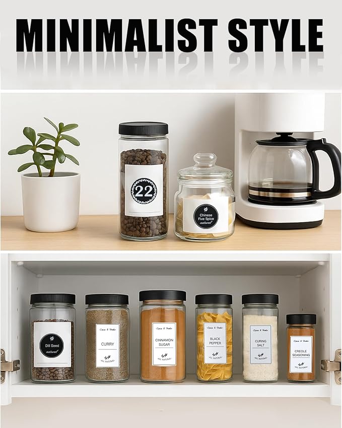 388 Pcs Spice Jar Labels Stickers Waterproof Preprinted Pantry Labels with Blank Label, Black & White Stickers for Kitchen Jars Food Containers Spice Organizers Storage Bins