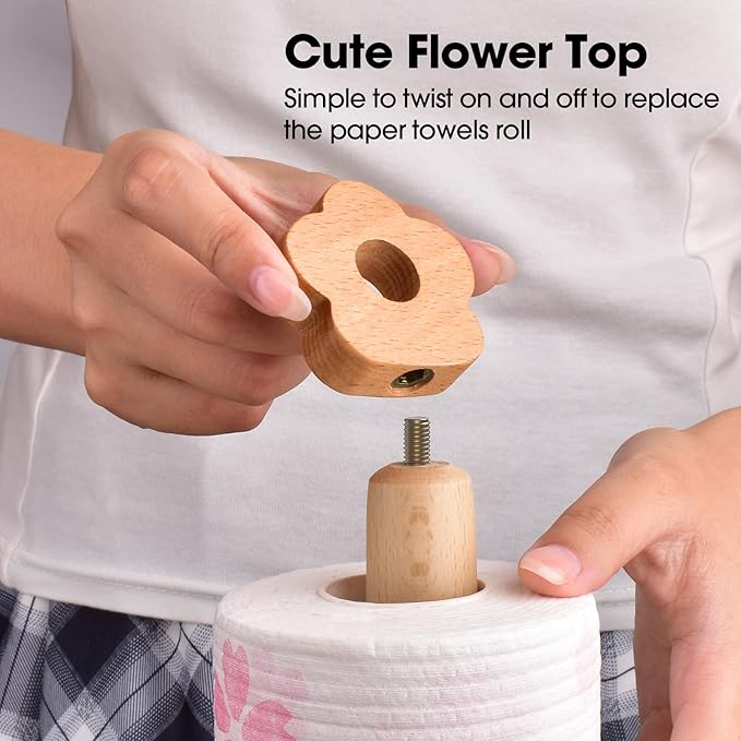 KitchLife Cute Wooden Paper Towel Holder Countertop - Solid Freestanding Paper Towel Dispenser Stand Organizer with Anti-Skid Base (Flower)