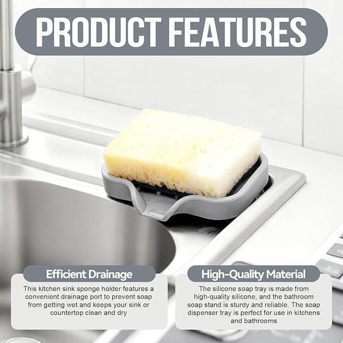 Sponge Holder with Drain Spout, 4.7" x 3.6" Bathroom and Kitchen Sink Organizer, Dish Soap Tray for Sponges, Scrubbers, Dispensers, Dish Brushes, Spoons & Other Sink Items, Dishwasher Safe (Grey)
