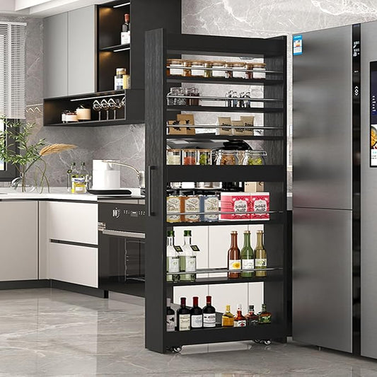 7 Tier Slim Rolling Storage Cart With Wheels,narrow Spice Rack Organizer Cabinet Next To Fridge,space-saving Wood Storage Organizer For Kitchen,pantry,laundry(D 21.65 x H 72.4 x W 5.91 IN, Black)