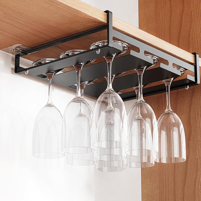 iSPECLE Wine Glass Holder - 3 Rows Under Cabinet Stemware Rack Holds 9 Wine Glasses Upside Down, Quick Access & Tidy Storage for Bar Kitchen, Black