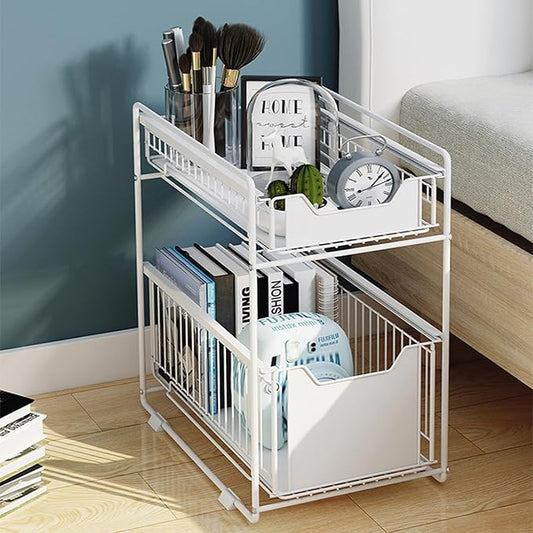 Pull Out Cabinet Organizer, 2-Tier Storage Wire Baskets With Sliding Storage Drawer, Carbon Steel Sliding Drawer Shelf Baskets for Kitchen Pantry Bathroom14.7''D×11.1''W×17.32''H