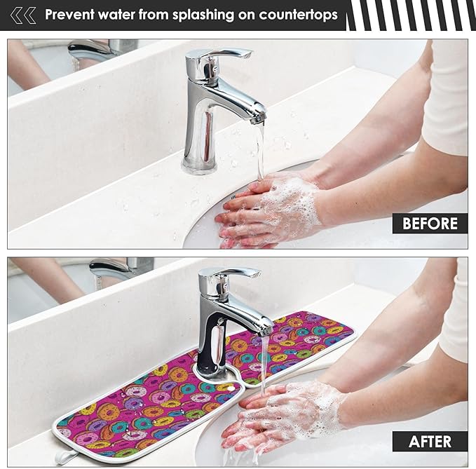 2 PCS Kitchen Sink Splash Guard 30 Inch Faucet Mat for Kitchen Sink Bathroom Sink Faucet Absorbing Drip Drain Mat Pad Microfiber Soft Washable Cute Colorful Donuts