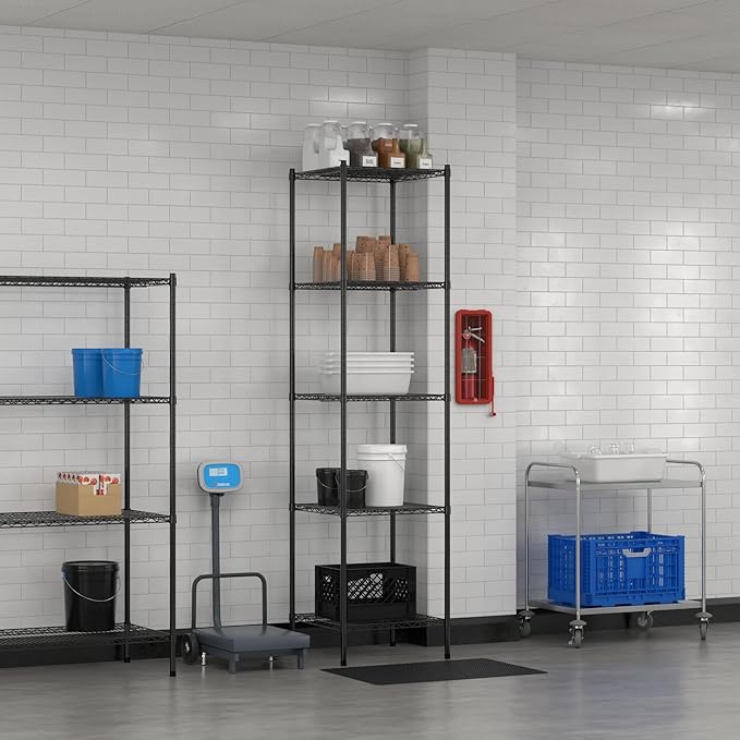 Commercial NSF Listed Black Epoxy Stationary Wire Shelving Kit 24" x 24" x 96", with 5 Shelves Perfect for Warehouse, Walk-in Refrigerator, Freezer, Grocery Store, Restaurant, Dishroom