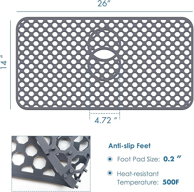 Flytime Silicone Sink Protectors for Kitchen Sink with Center&Rear Drain, 26"x 14" Kitchen Grid Accessory, Non-Slip Folding Heat-Resistant Mat for Bottom of Farmhouse Porcelain Stainless Steel
