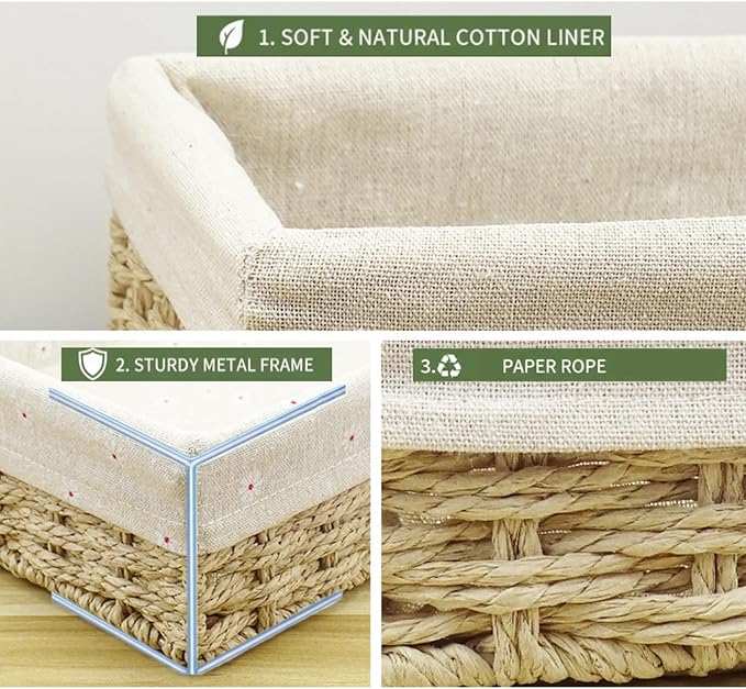 CT SUN Woven Storage Baskets for Shelves, 3-Piece Shallow Paper Rope Bins with 2 Sets of Liners (Cream & Daisy Print), Wicker Style Trays for Bathroom, Kitchen Counter, Bread & Nursery