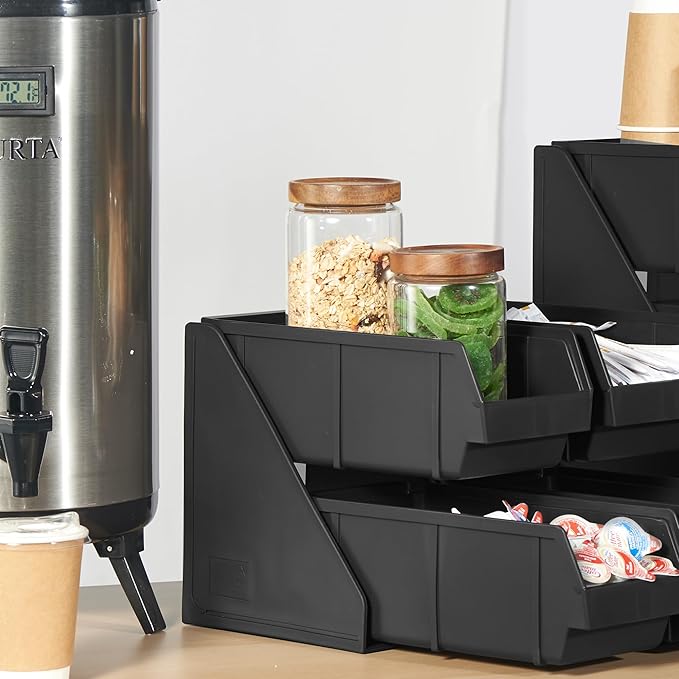 CURTA Black Self Serve Condiment Bin Stand Set, 2-Tier Stand with 8 Bins, 22.5" D x16" W x 9.5" H, Coffee Bar Beverage Station
