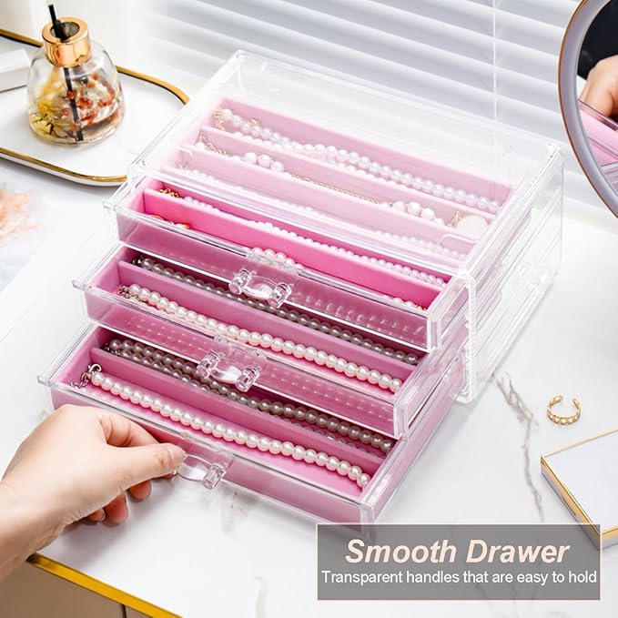 Necklace Holder Organizer, Dustproof Necklace Box Velvet Necklace Organizer Box with Lid Clear Acrylic Dustproof Stackable Jewelry Displays for Necklaces Chain Display (Pink, 5 Drawer)