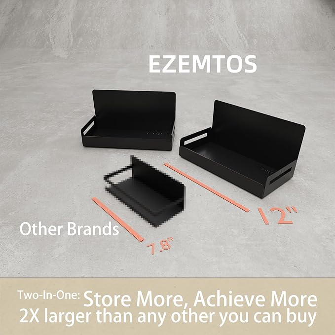 Ezemtos 2-Pack Magnetic Spice Rack for Refrigerator - Heavy-Duty 20LB Capacity - Strong Magnetic Shelves for Classroom Whiteboards and Garage Tools, Kitchen Organizer for Utensils, Black