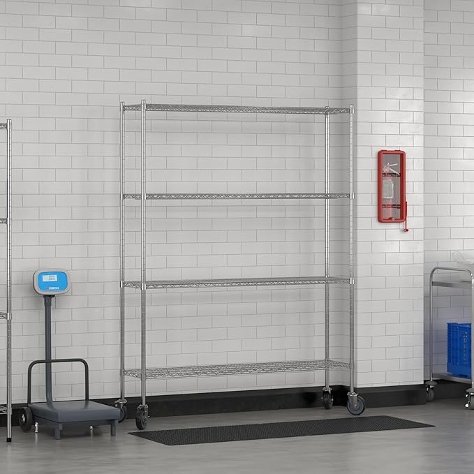Commercial NSF Listed Chrome Mobile Wire Shelving Kit 14" x 60" x 80", with 4 Shelves Perfect for Warehouse, Walk-in Refrigerator, Freezer, Grocery Store, Restaurant, Dishroom