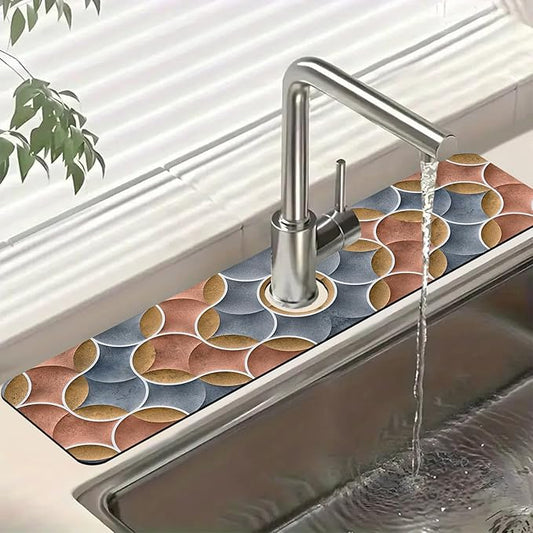 Geometric Printing Sink Splash Guard Faucet Mat Ceramic Tile Texture Super Absorbent Fast Drying Mat Sink Gadgets-Splash Guard Behind Faucet Drip Catcher for Kitchen Bathroom, 23.5"x5.5"