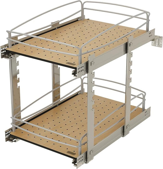 Rev-A-Shelf 2 Tier Pull Out Kitchen Cabinet Storage Organizer with Solid Bottom & Undermount Soft-Close Full Extension Slides, 54BK-15SC-2-1