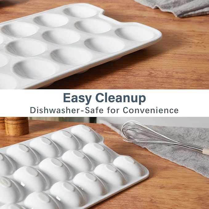 ONEMORE Ceramic Deviled Egg Platter Set of 2, Christmas Deviled Egg Tray, 17 Holes Eggs Holder for Fridge, Rectangle Appetizer Serving Dishes for Parties & Entertaining, Serving Plate for Boiled Eggs