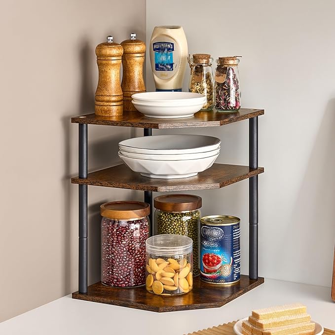 Wooden 3-Tier Corner Shelf, Kitchen Countertop Dish & Bread Organizer Counter Stand Storage for Desktop Bedroom Bathroom Small Space