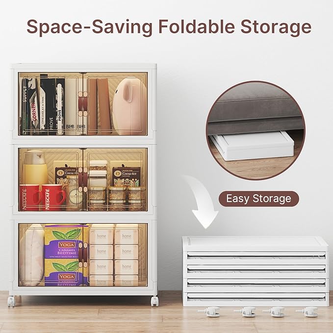 VNVTO Stackable Storage Bins with Lids, Large Collapsible Storage Bins with Wheels, Plastic Cabinet with Doors, Foldable Closet Organizers for Home, Dorm, Office (White-55QT, 3Pack with 1Top Lid)