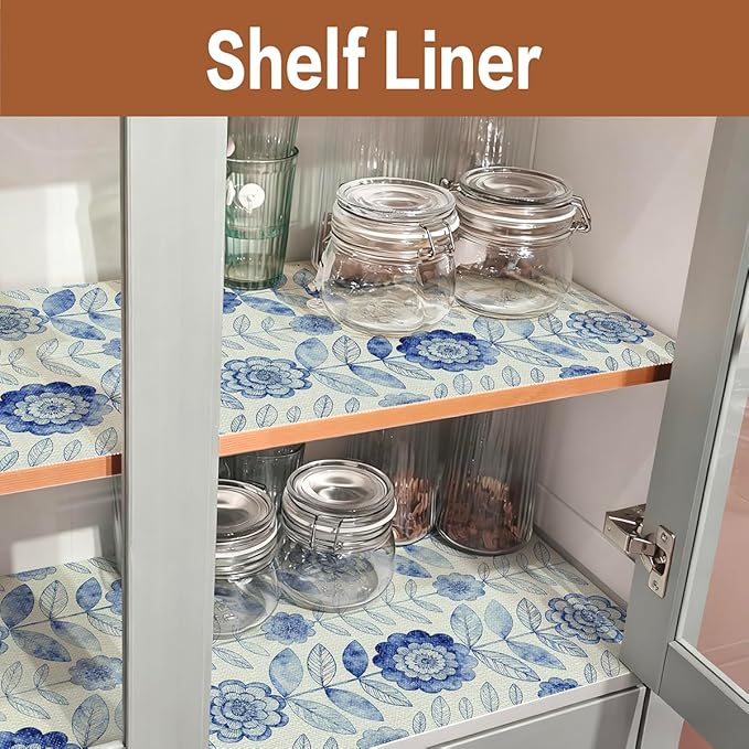 Vuacepe Drawer and Shelf Liner for Kitchen Cabinets Non-Adhesive Strong Grip Floral Shelf Liner Non-Slip Waterproof Blue Flower Drawer Liner for Cupboard Shelves Easy to Clean Cabinet Liner 16IN×10FT