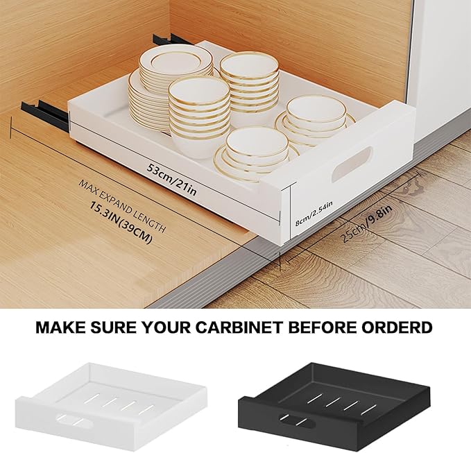 21'' Deep Pull Out Cabinet Organizer Adhesive, 10-Inch Wide Sturdy Carbon Steel Cabinet Drawers Slide Out, Pantry Storage Shelves for Kitchen, Bathroom and Living Room