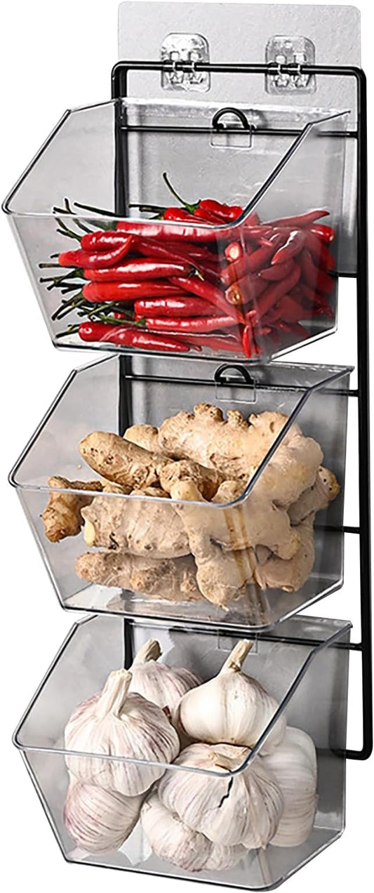 3-Pack Small Clear Storage Baskets, Wall Mounted Adhesive Spice Rack Plastic Storage Bins Kitchen Wall Organizer and Storage Shelves, Spice Organizer for Countertop/Cabinet/Bathroom