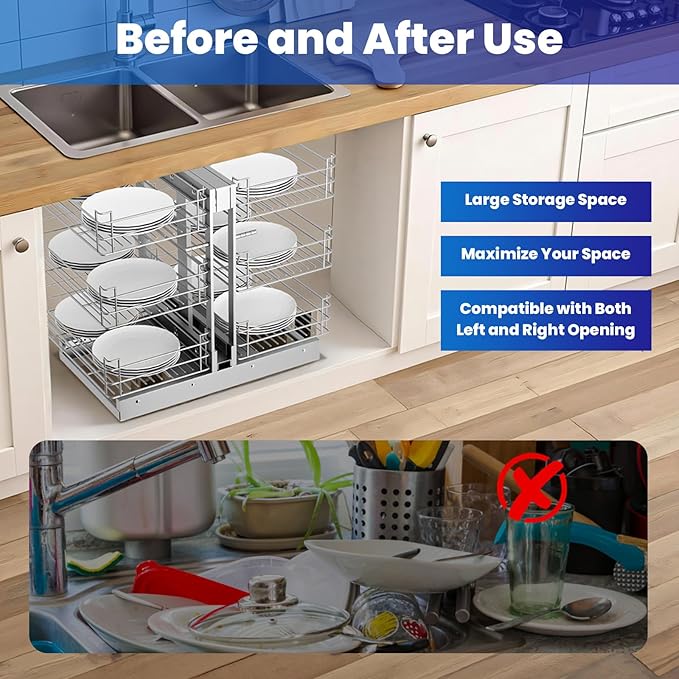 Modern Stainless Steel Blind Corner Cabinet Organizer, 3 Tier Soft Close Pull Out Storage System, 6 Basket Kitchen Drawer for 17" Min Opening
