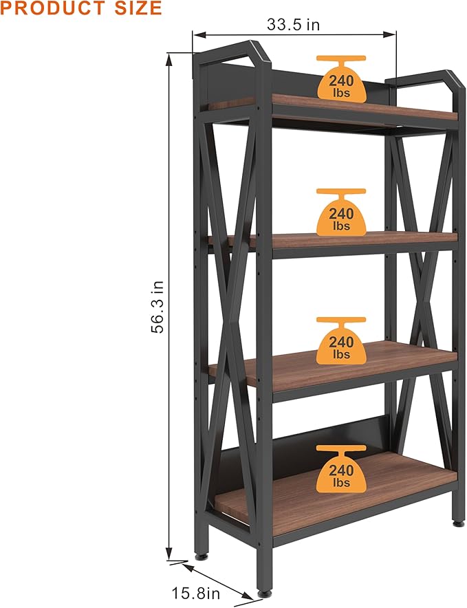 56.30'' Bakers Rack 4-Level Storage Shelves Metal and Wooden Kitchen Shelves, Kitchen Organizers and Storage, for Garage, Pantry, Bathroom, Closet (4-Tier 56.3" H x 33.5" W x 15.8" D)