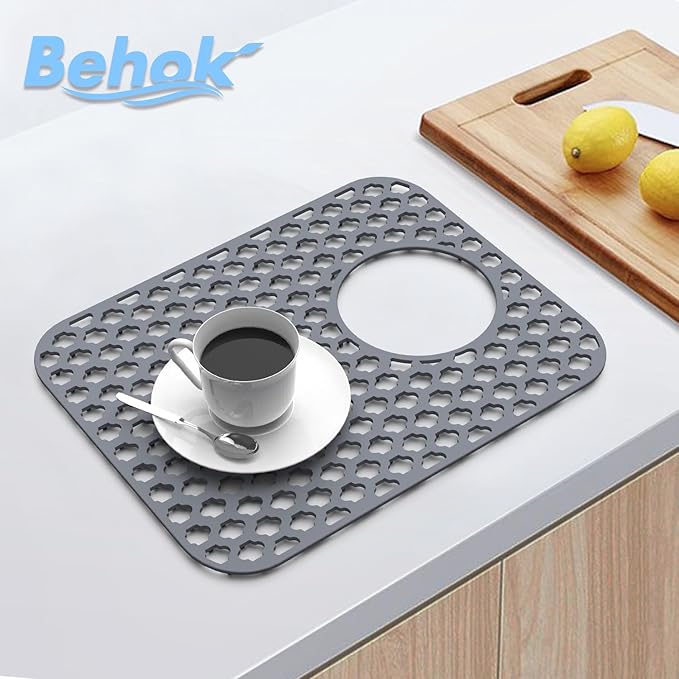 BEHOK 2 Pack Silicone Sink Protector for Kitchen Sink Bathroom, 13.58" x 11.6" Heat-resistant Sink Mat Non-Slip and Durable Silicone Protectors, Rear Drain, Gray