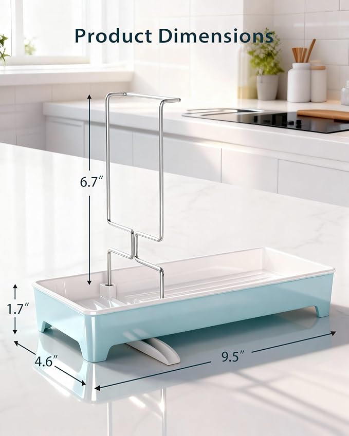 Minimalist Sink Caddy, Rustproof Sponge Holder for Kitchen Sink with 304 Stainless-Steel Brush Holder, Countertop Rack Organizer with Raised Ridges & Silicone Drain Tube (Pastel Blue)