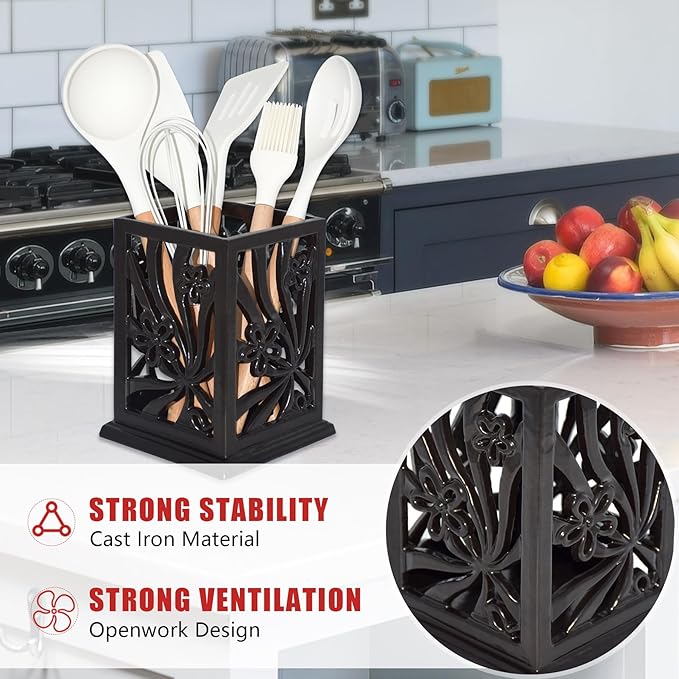 Utensil Holder, Cast Iron Kitchen Utensil Crock for Countertop, Extra Large Utensil Organizer with Weighted-Base, Housewarming Vintage Decor, Classic Style,Black