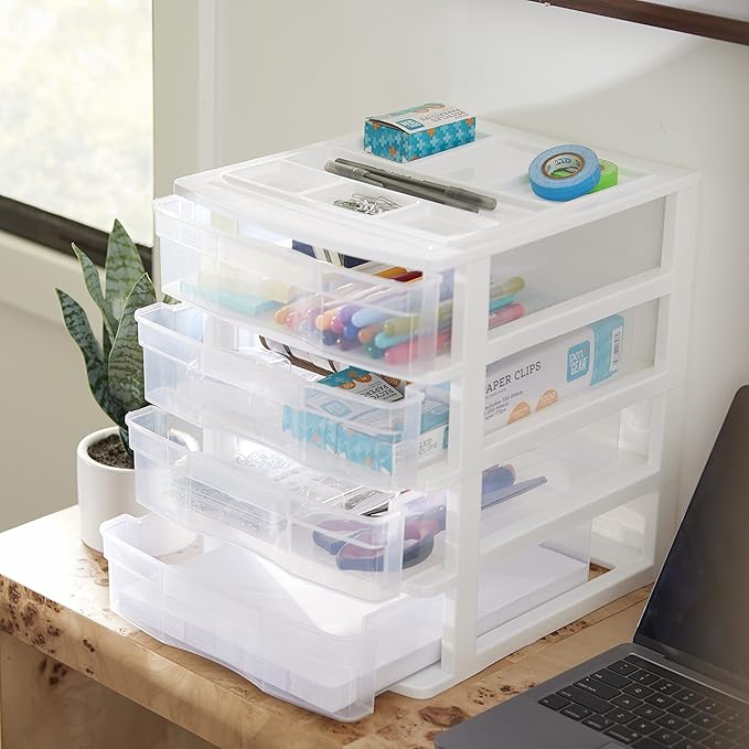 Gracious Living 4 Drawer Desktop & Countertop Organizer w/Organization Lid for Craft Storage, Office Supplies & School Supplies, White/Clear (3 Pack)