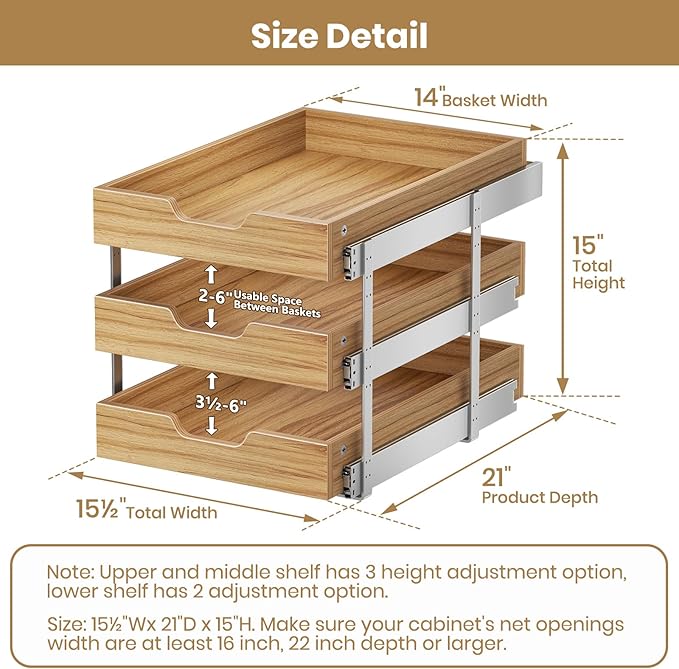 ROOMTEC 3 Tier Pull Out Cabinet Organizer, Heavy-Duty Pull Out Drawer, Slide Out Wood Shelf for Cabinets, Base Cabinet Organization for Pantry, Bathroom (15½"Wx21 D)