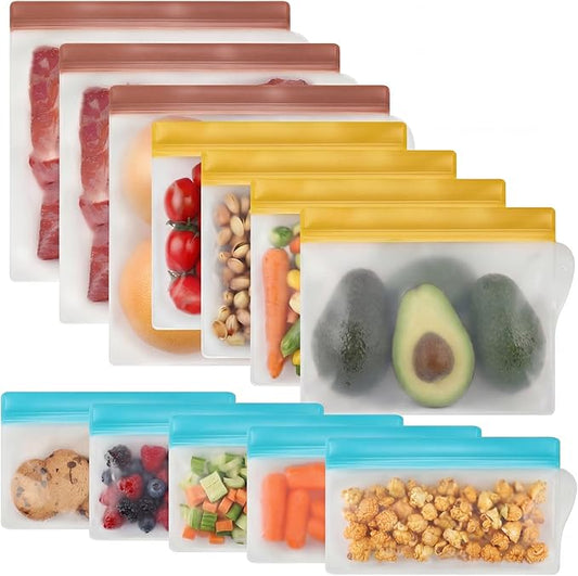 RLAVBL 12 Pack Reusable Freezer Bags, Leakproof Food Storage Bags for Vegetable, Liquid, Snack, Meat, Sandwich - 3 Gallon 4 Sandwich 5 Snack Bags