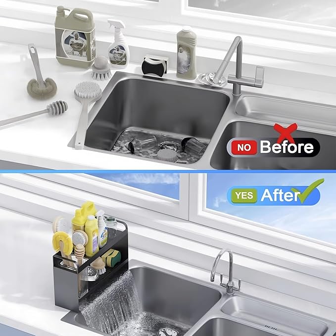 BREIS Sponge Holder for Kitchen Sink, Caddy Organizer with Rag Holder, Countertop Self-Draining Sponge Caddy, Rustproof Sink Storage Rack for Soap Dispenser Storage Accessories (2-Tier Gray)
