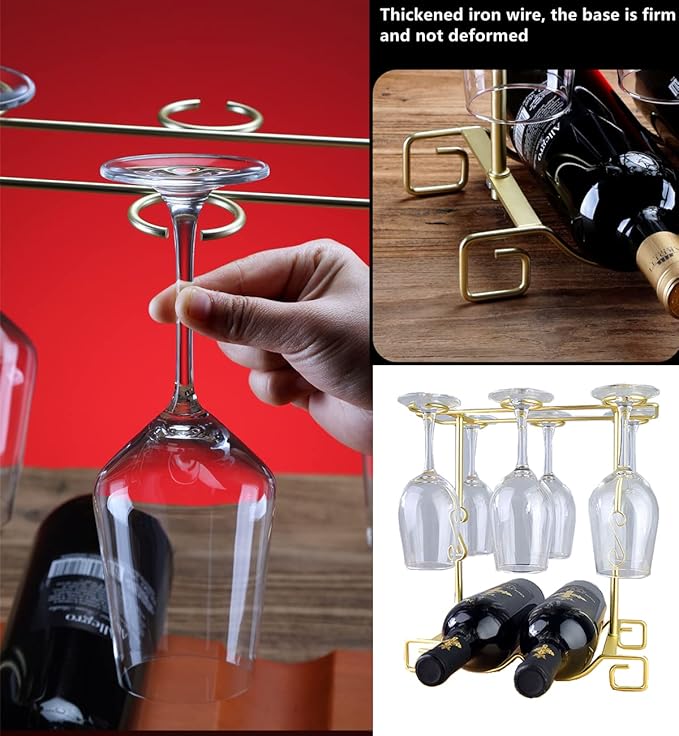 Homya Wine Glass Holder, Freestanding Table Top Goblets Metal Storage Rack for 2 Bottles with 6 Hooks Kitchen Glass Accessories, Gold