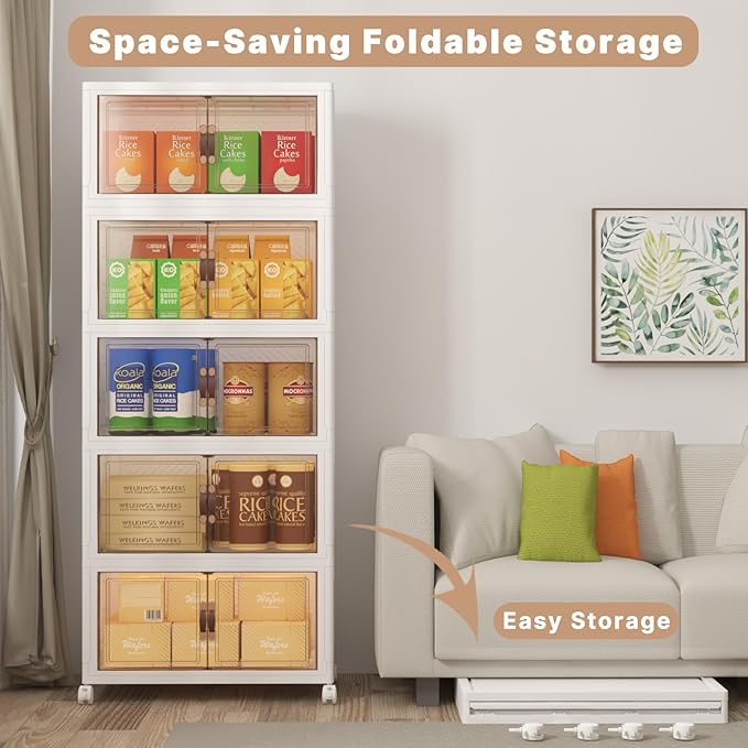 VNVTO 600Qt Stackable Storage Bins with Lids, 5 Pack Large Collapsible Bins with Wheels, Plastic Cabinet with Doors, Foldable Closet Organizers and Storage for Home, Dorm, Office, White