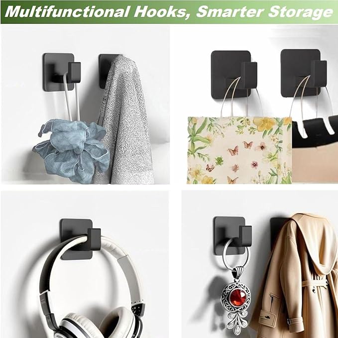 VINHOLD Adhesive Shower Hooks, Towel Hooks for Hanging Robe, Coat, Hat, Loofah, Heavy Duty Wall Hooks Stick on Bathroom, Kitchen and Office (2 Pack, Black)