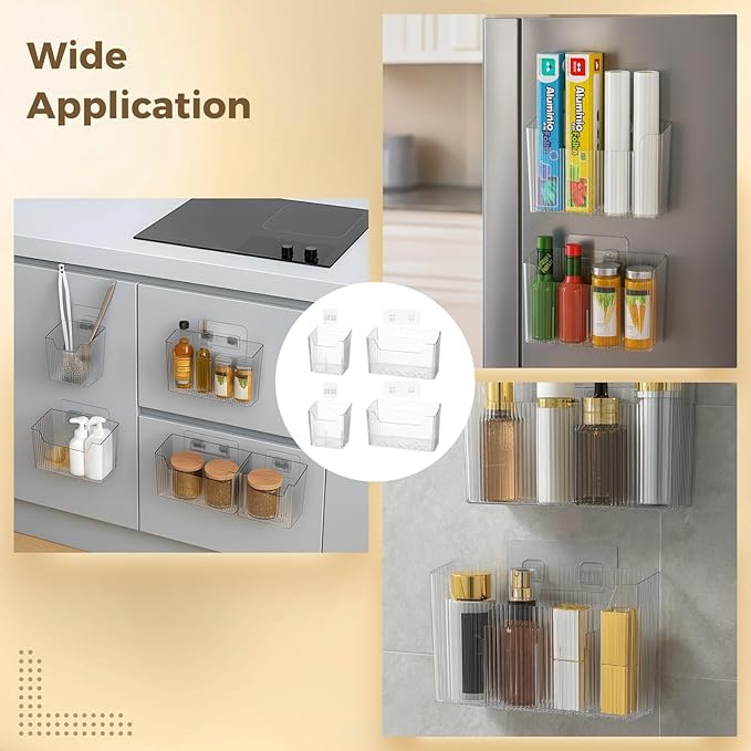 yeesport 4 PCS Cabinet Door Organizer Bins, Clear Plastic Wall Mount Hanging Storage Baskets with Adhesive Hooks, Bathroom Fridge Kitchen Pantry Under Sink Drawer Organizer with Drain Holes